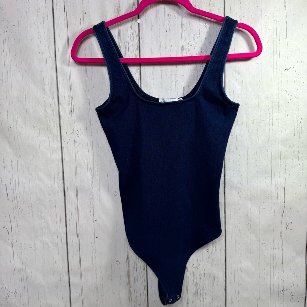 Good American Dark Wash Bodysuit Denim Look Stretch Size 0 Minimalist Y2K